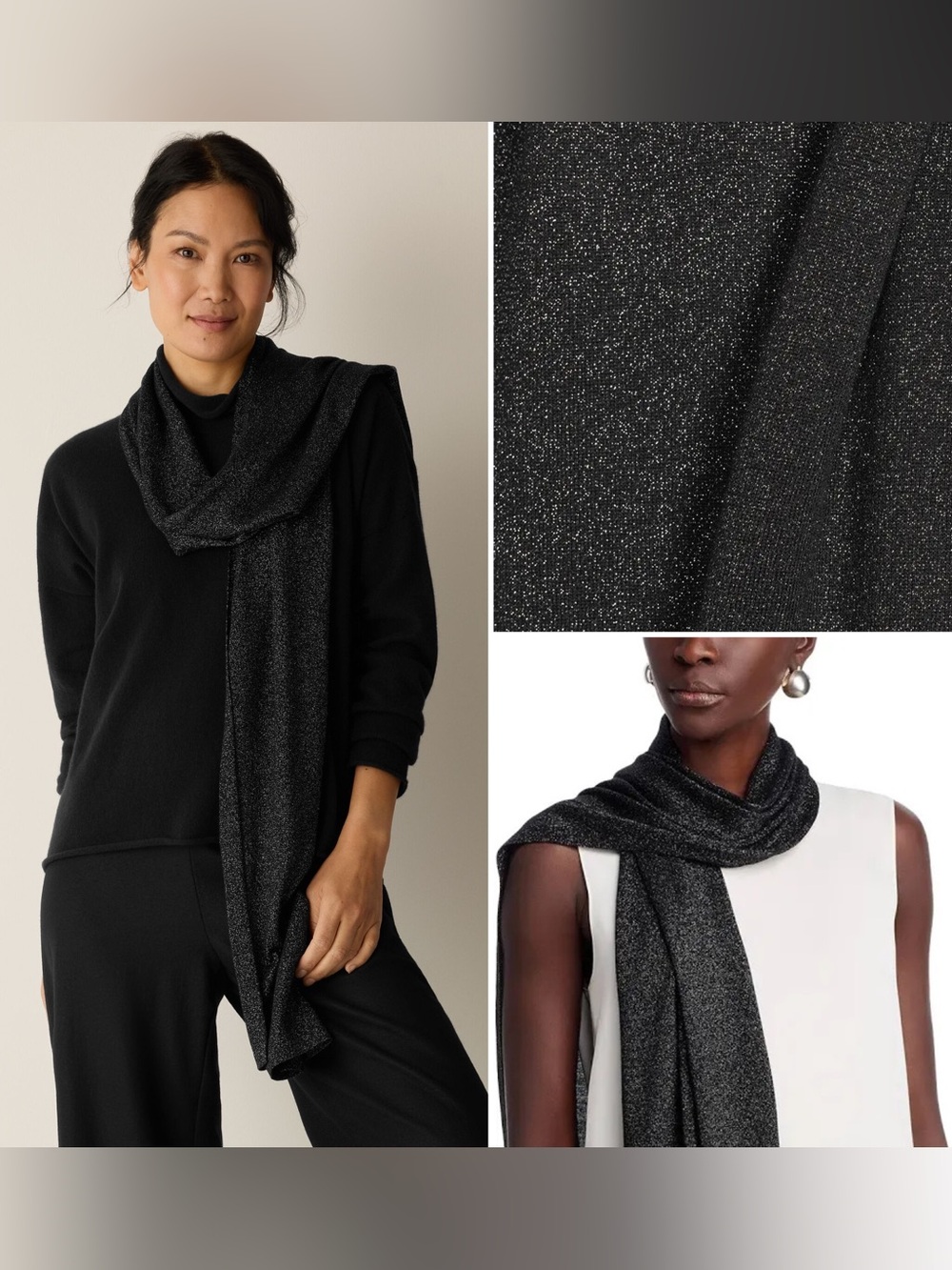 Eileen Fisher Wool Shimmer Scarf in Black 36” Long NWOT